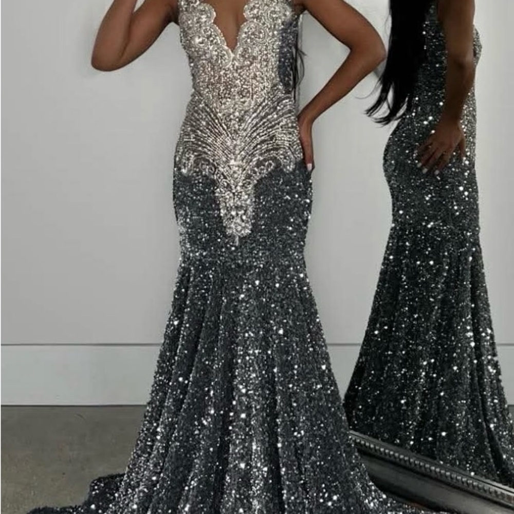 Elegant Silver Sequin Evening Gown
